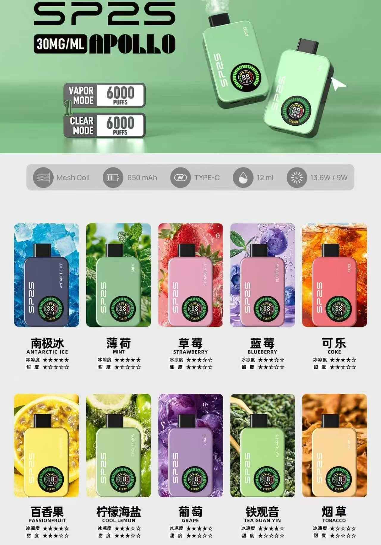SP2S Apollo 拋棄式12000口一次性電子煙
