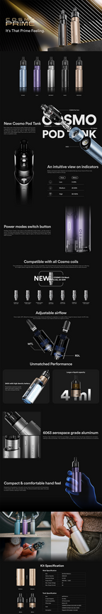 VAPTIO Cosmo Prime 40w 主流 三段調壓輸出 主機套裝 成品芯 霧化器